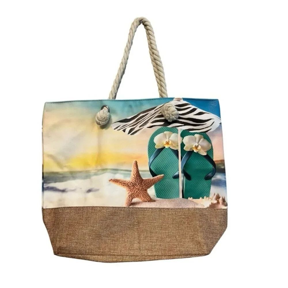 Large Beach Theme Soft Fabric Tote Bag Rope Handles Zips Starfish Sand Sandals
